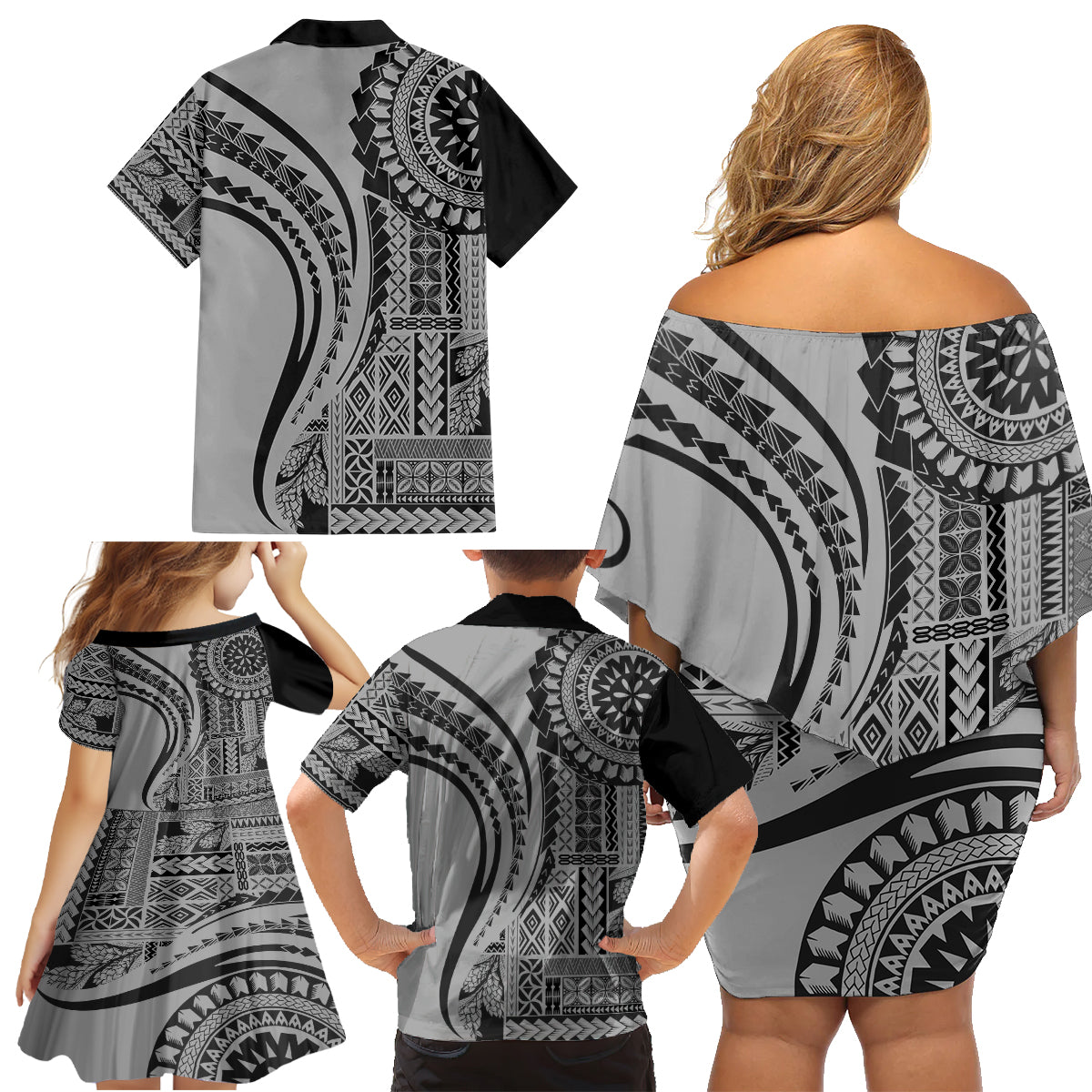 Samoa Siapo Arty Family Matching Off Shoulder Short Dress and Hawaiian Shirt Black Style LT9 - Polynesian Pride