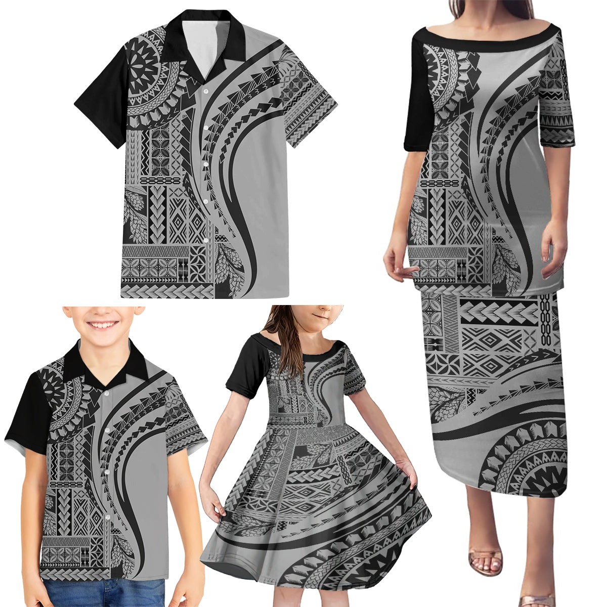 Samoa Siapo Arty Family Matching Puletasi Dress and Hawaiian Shirt Black Style LT9 - Polynesian Pride