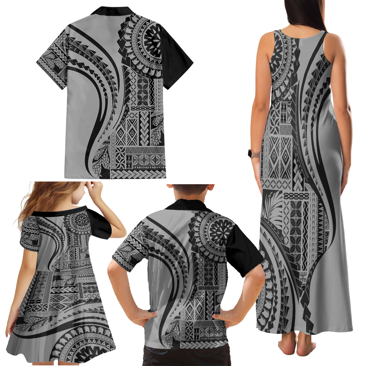 Samoa Siapo Arty Family Matching Tank Maxi Dress and Hawaiian Shirt Black Style LT9 - Polynesian Pride