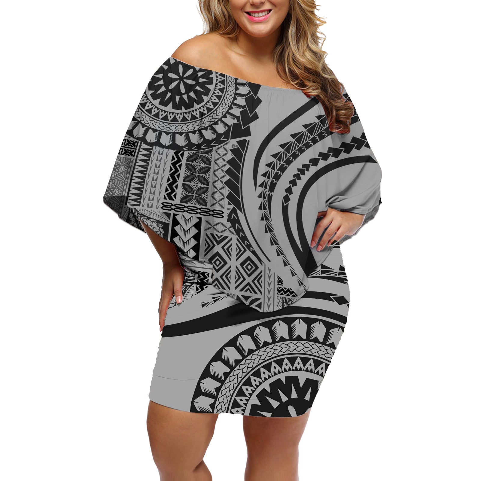 Samoa Siapo Arty Off Shoulder Short Dress Black Style LT9 Women Black - Polynesian Pride