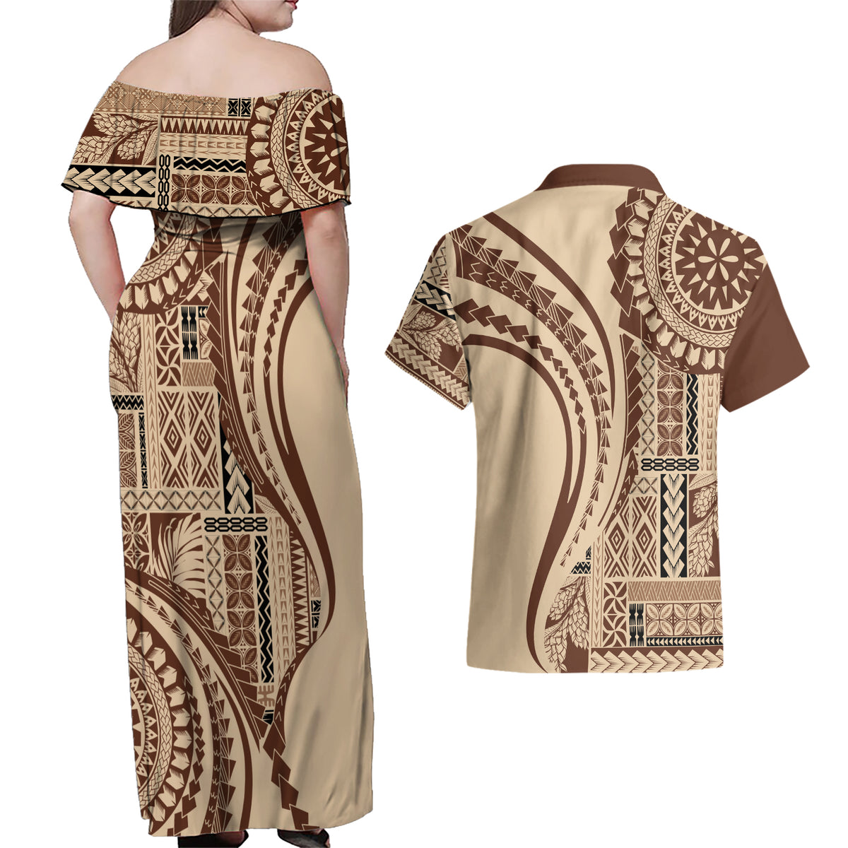 Samoa Siapo Arty Couples Matching Off Shoulder Maxi Dress and Hawaiian Shirt Brown Style LT9 - Polynesian Pride