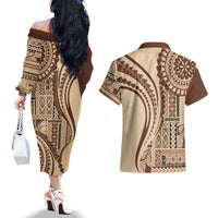 Samoa Siapo Arty Couples Matching Off The Shoulder Long Sleeve Dress and Hawaiian Shirt Brown Style LT9 - Polynesian Pride