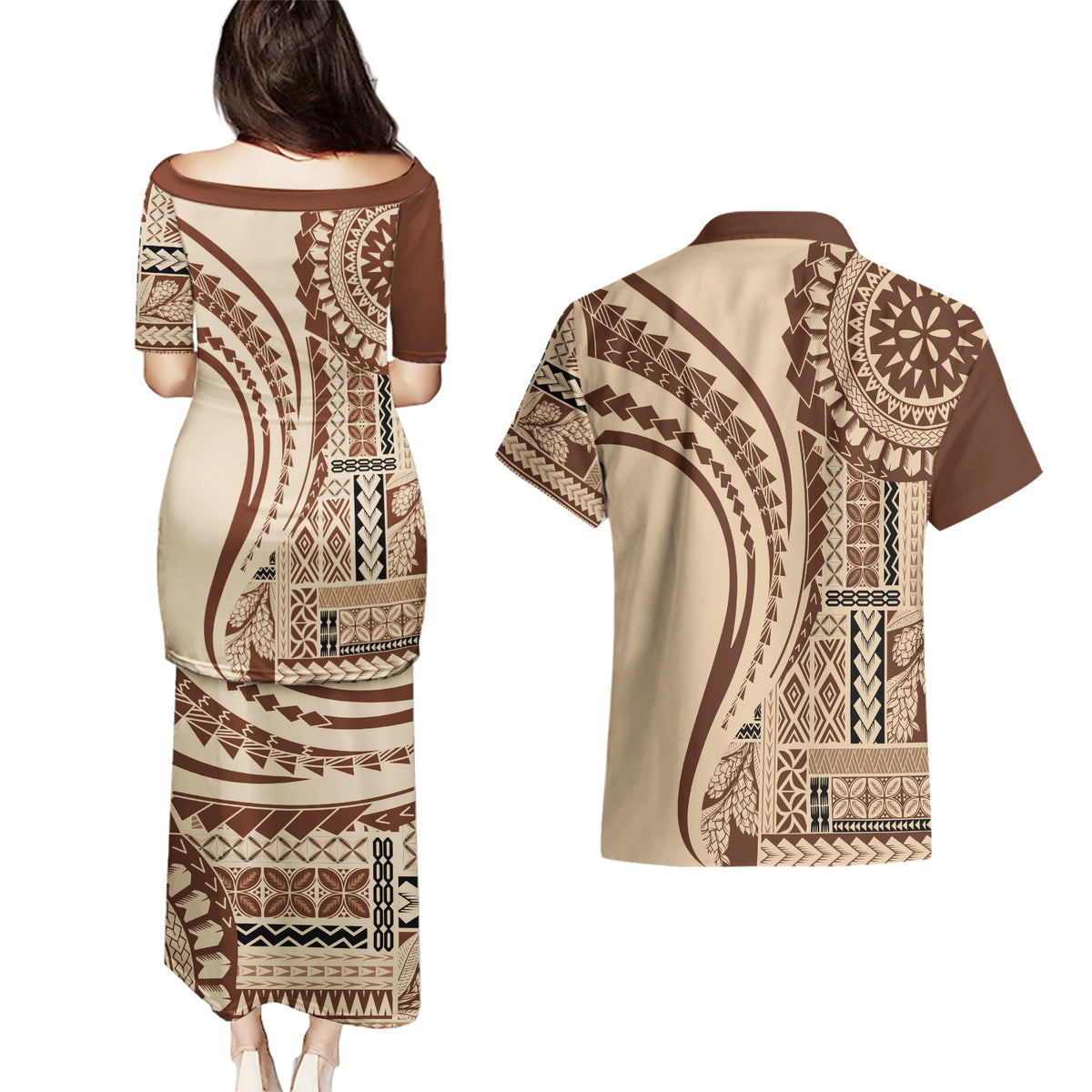 Samoa Siapo Arty Couples Matching Puletasi Dress and Hawaiian Shirt Brown Style LT9 - Polynesian Pride