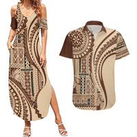 Samoa Siapo Arty Couples Matching Summer Maxi Dress and Hawaiian Shirt Brown Style LT9 Brown - Polynesian Pride