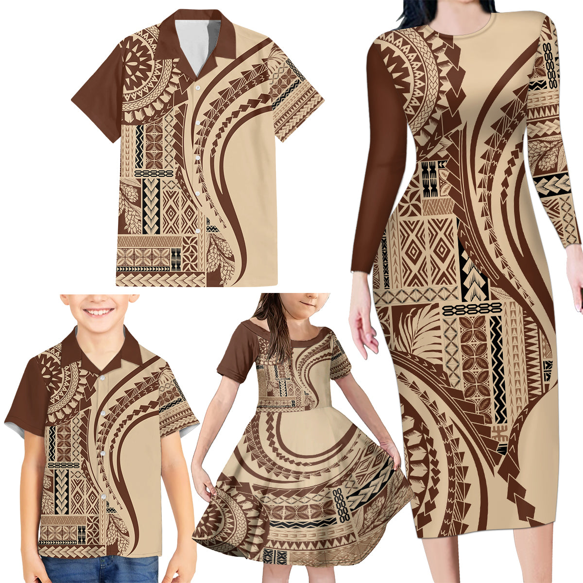 Samoa Siapo Arty Family Matching Long Sleeve Bodycon Dress and Hawaiian Shirt Brown Style LT9 - Polynesian Pride