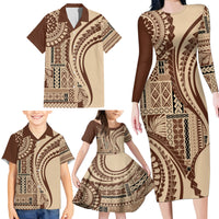 Samoa Siapo Arty Family Matching Long Sleeve Bodycon Dress and Hawaiian Shirt Brown Style LT9 - Polynesian Pride