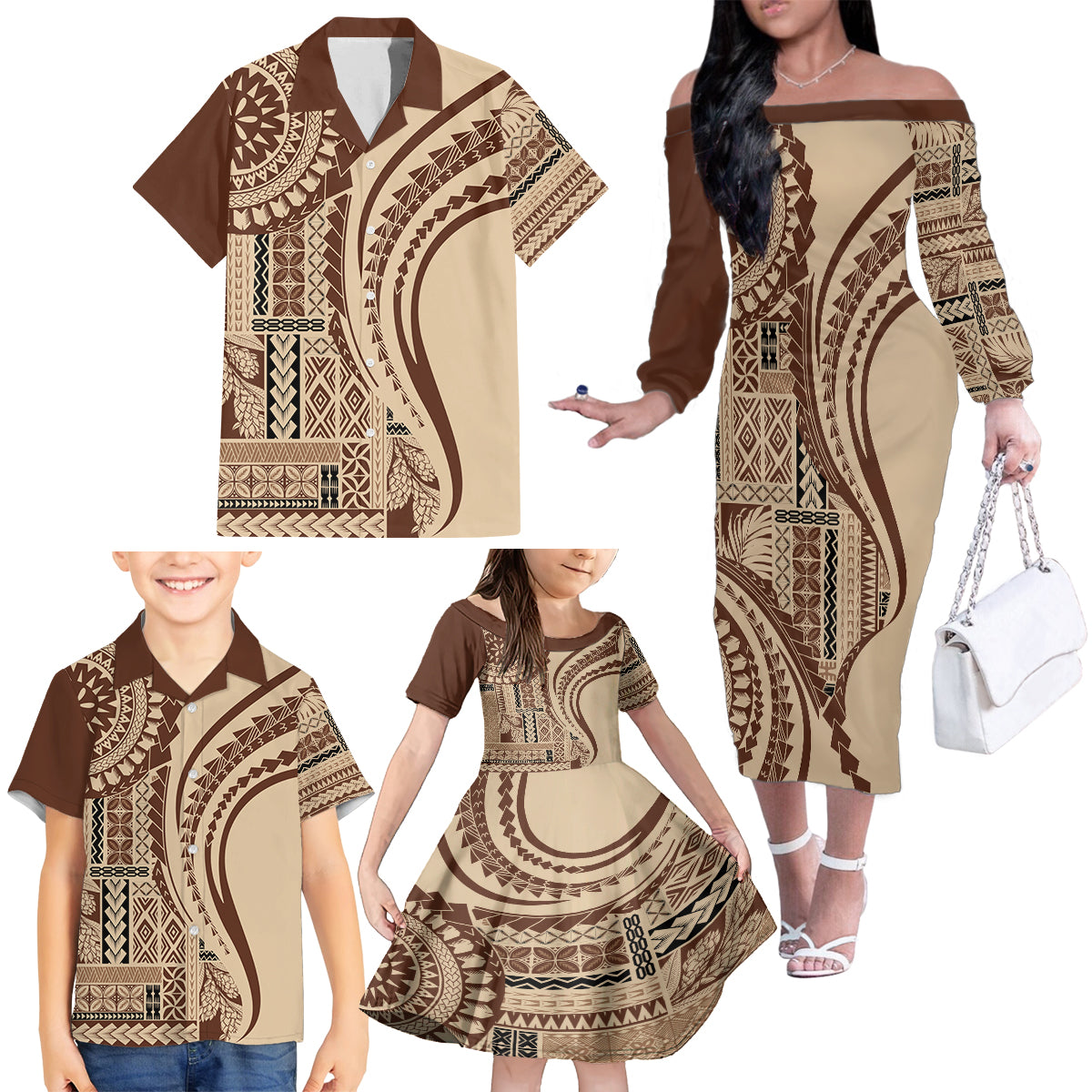 Samoa Siapo Arty Family Matching Off Shoulder Long Sleeve Dress and Hawaiian Shirt Brown Style LT9 - Polynesian Pride