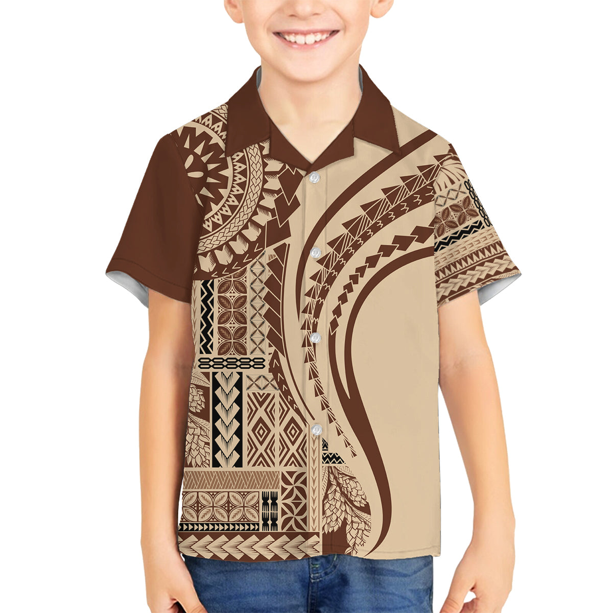 Samoa Siapo Arty Family Matching Summer Maxi Dress and Hawaiian Shirt Brown Style LT9 Son's Shirt Brown - Polynesian Pride