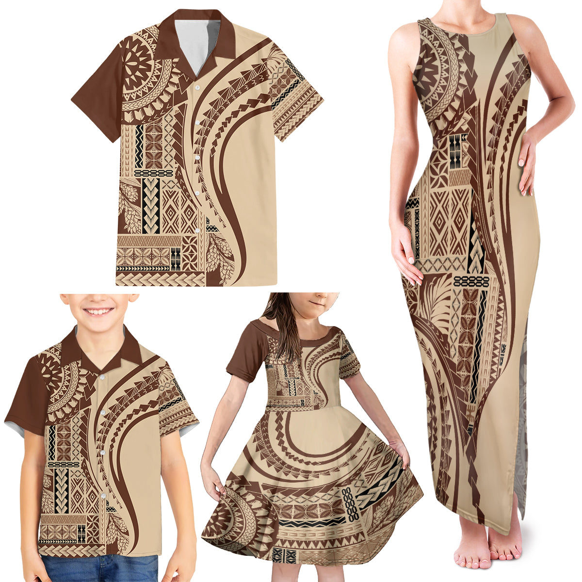 Samoa Siapo Arty Family Matching Tank Maxi Dress and Hawaiian Shirt Brown Style LT9 - Polynesian Pride
