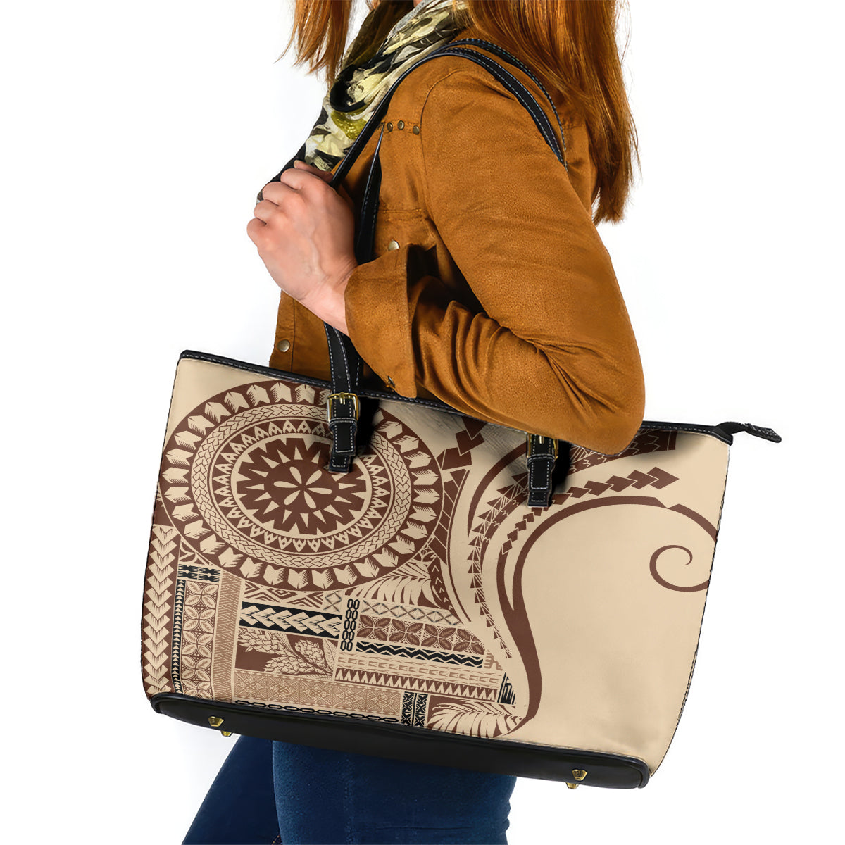 Samoa Siapo Arty Leather Tote Bag Brown Style LT9 Brown - Polynesian Pride