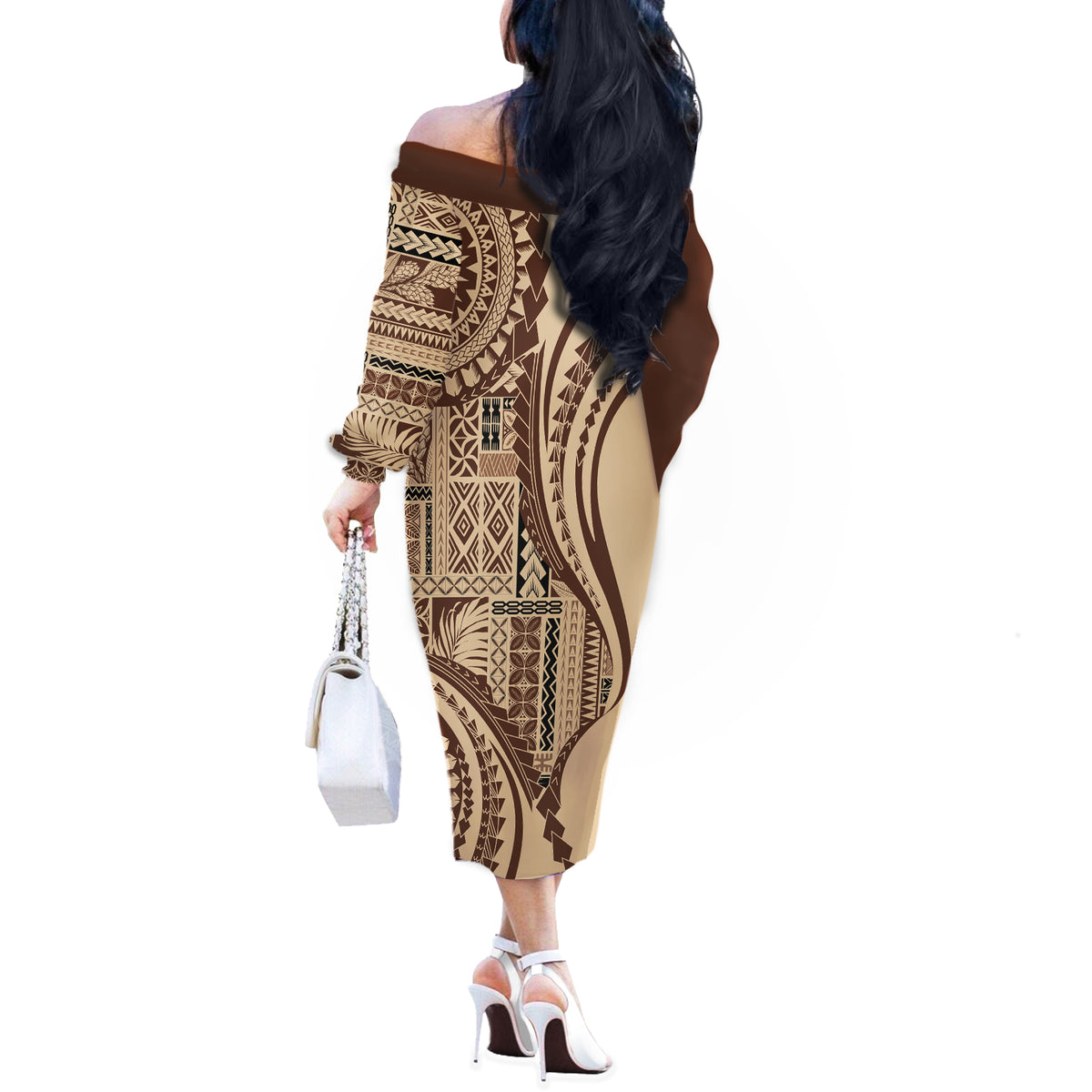 Samoa Siapo Arty Off The Shoulder Long Sleeve Dress Brown Style LT9 - Polynesian Pride