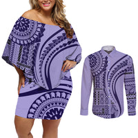 Samoa Siapo Arty Couples Matching Off Shoulder Short Dress and Long Sleeve Button Shirt Purple Style LT9 Purple - Polynesian Pride
