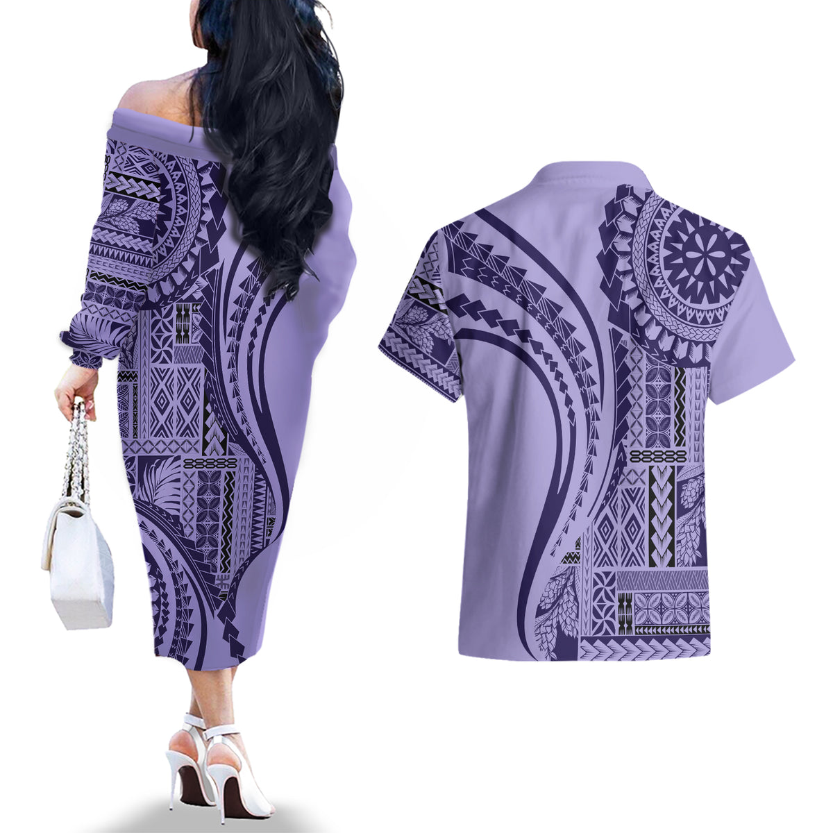 Samoa Siapo Arty Couples Matching Off The Shoulder Long Sleeve Dress and Hawaiian Shirt Purple Style LT9 - Polynesian Pride