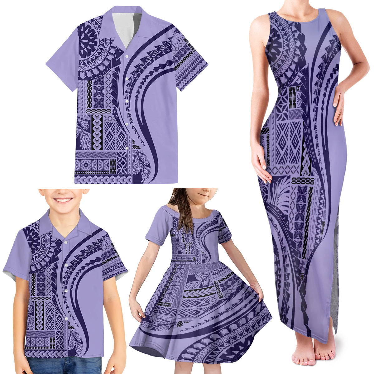 Samoa Siapo Arty Family Matching Tank Maxi Dress and Hawaiian Shirt Purple Style LT9 - Polynesian Pride