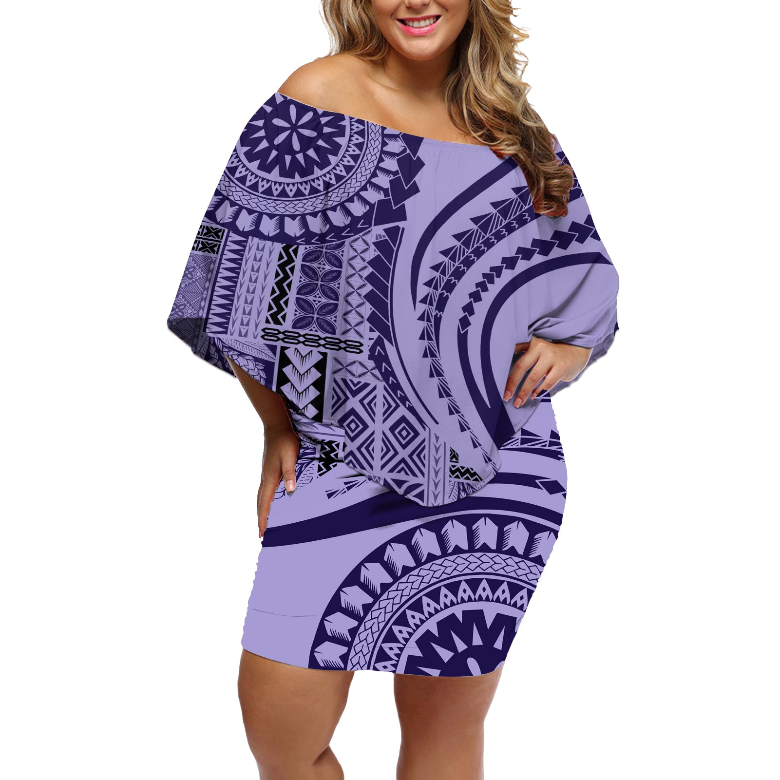 Samoa Siapo Arty Off Shoulder Short Dress Purple Style LT9 Women Purple - Polynesian Pride