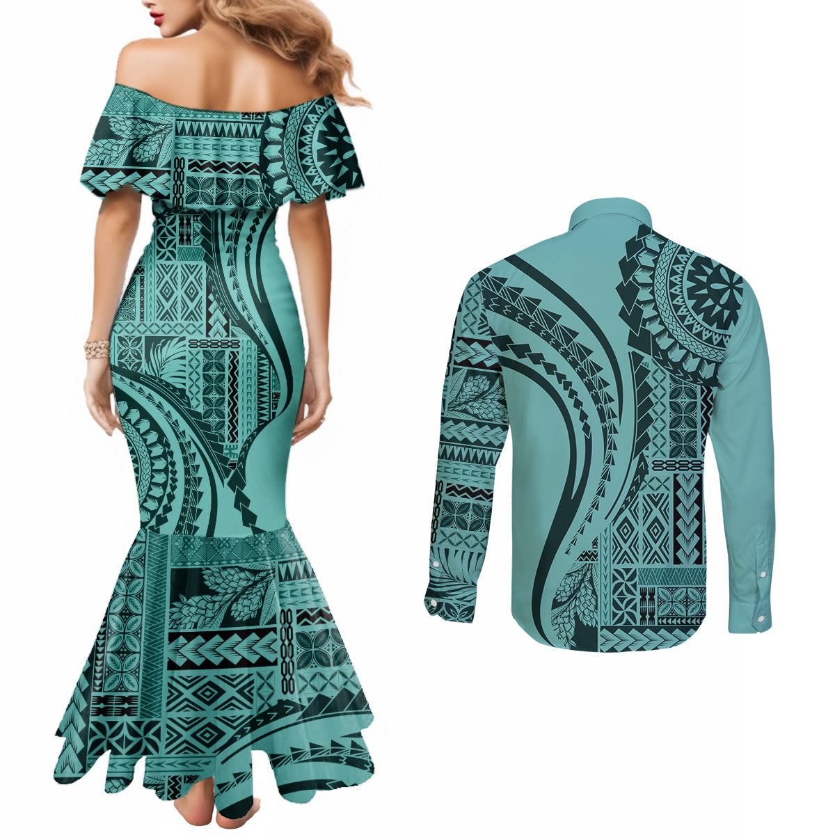 Samoa Siapo Arty Couples Matching Mermaid Dress and Long Sleeve Button Shirt Turquoise Style LT9 - Polynesian Pride