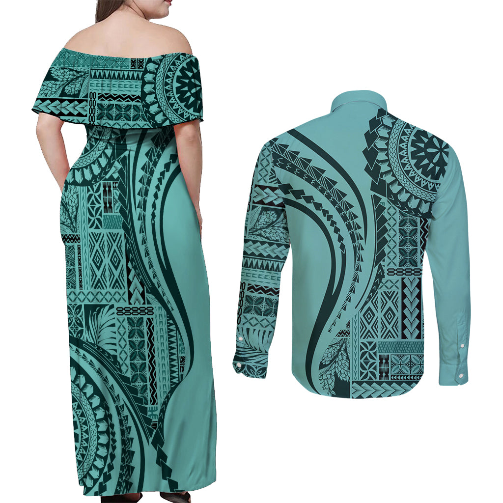 Samoa Siapo Arty Couples Matching Off Shoulder Maxi Dress and Long Sleeve Button Shirt Turquoise Style LT9 - Polynesian Pride