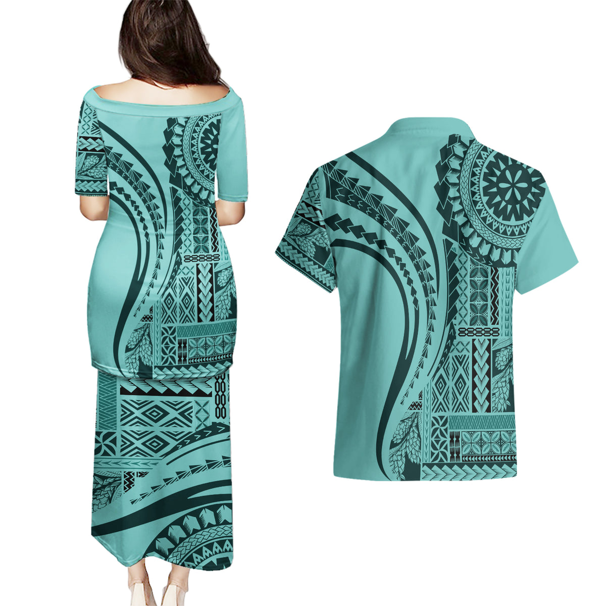 Samoa Siapo Arty Couples Matching Puletasi Dress and Hawaiian Shirt Turquoise Style LT9 - Polynesian Pride