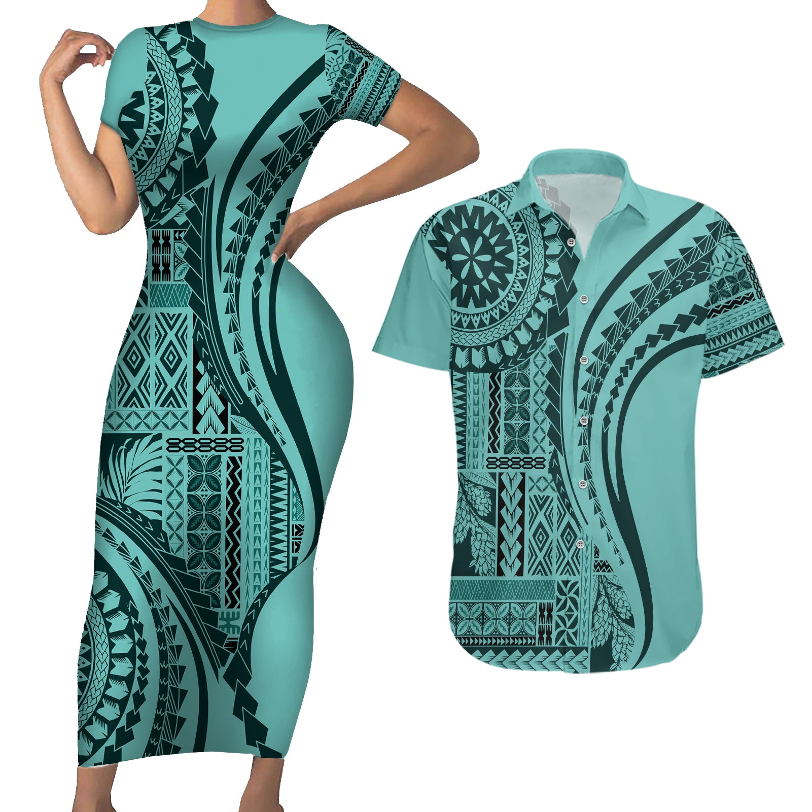 Samoa Siapo Arty Couples Matching Short Sleeve Bodycon Dress and Hawaiian Shirt Turquoise Style LT9 Turquoise - Polynesian Pride