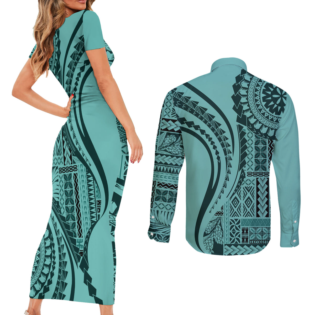 Samoa Siapo Arty Couples Matching Short Sleeve Bodycon Dress and Long Sleeve Button Shirt Turquoise Style LT9 - Polynesian Pride