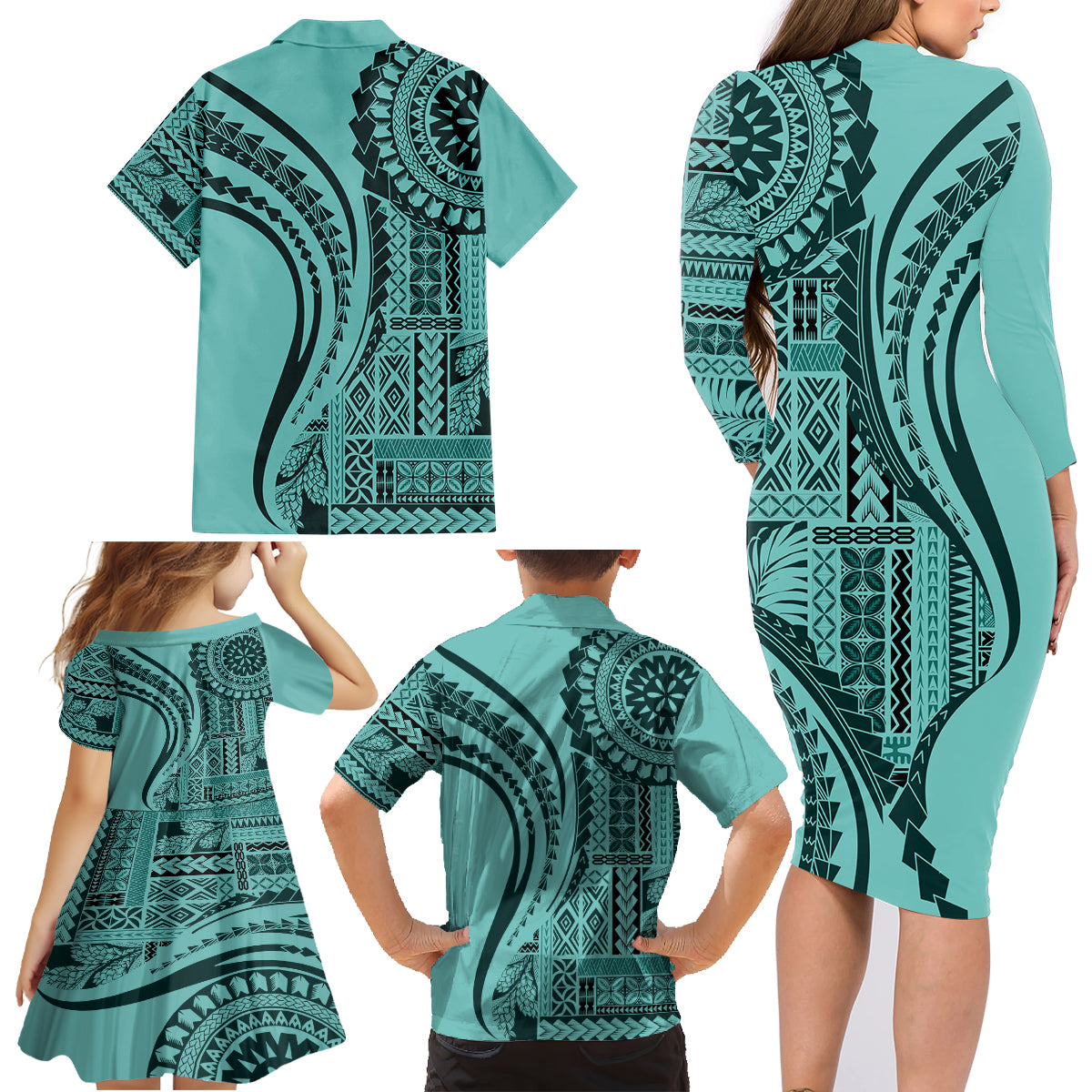 Samoa Siapo Arty Family Matching Long Sleeve Bodycon Dress and Hawaiian Shirt Turquoise Style LT9 - Polynesian Pride