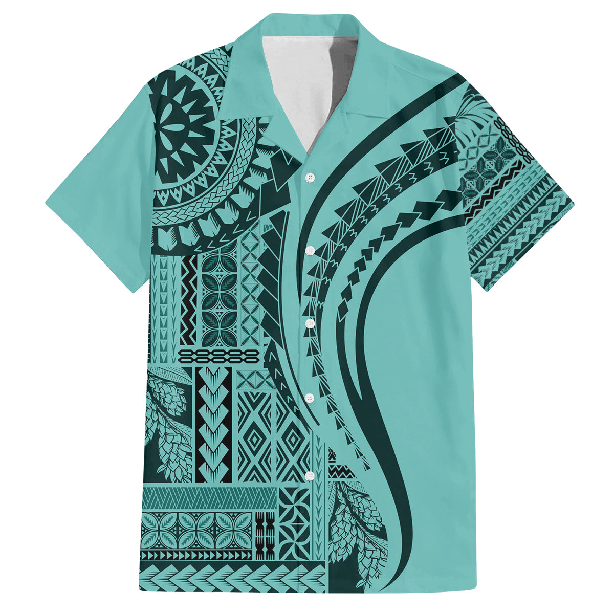 Samoa Siapo Arty Family Matching Long Sleeve Bodycon Dress and Hawaiian Shirt Turquoise Style LT9 Dad's Shirt - Short Sleeve Turquoise - Polynesian Pride