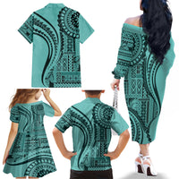 Samoa Siapo Arty Family Matching Off Shoulder Long Sleeve Dress and Hawaiian Shirt Turquoise Style LT9 - Polynesian Pride