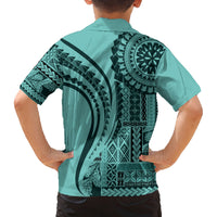 Samoa Siapo Arty Family Matching Off Shoulder Maxi Dress and Hawaiian Shirt Turquoise Style LT9 - Polynesian Pride