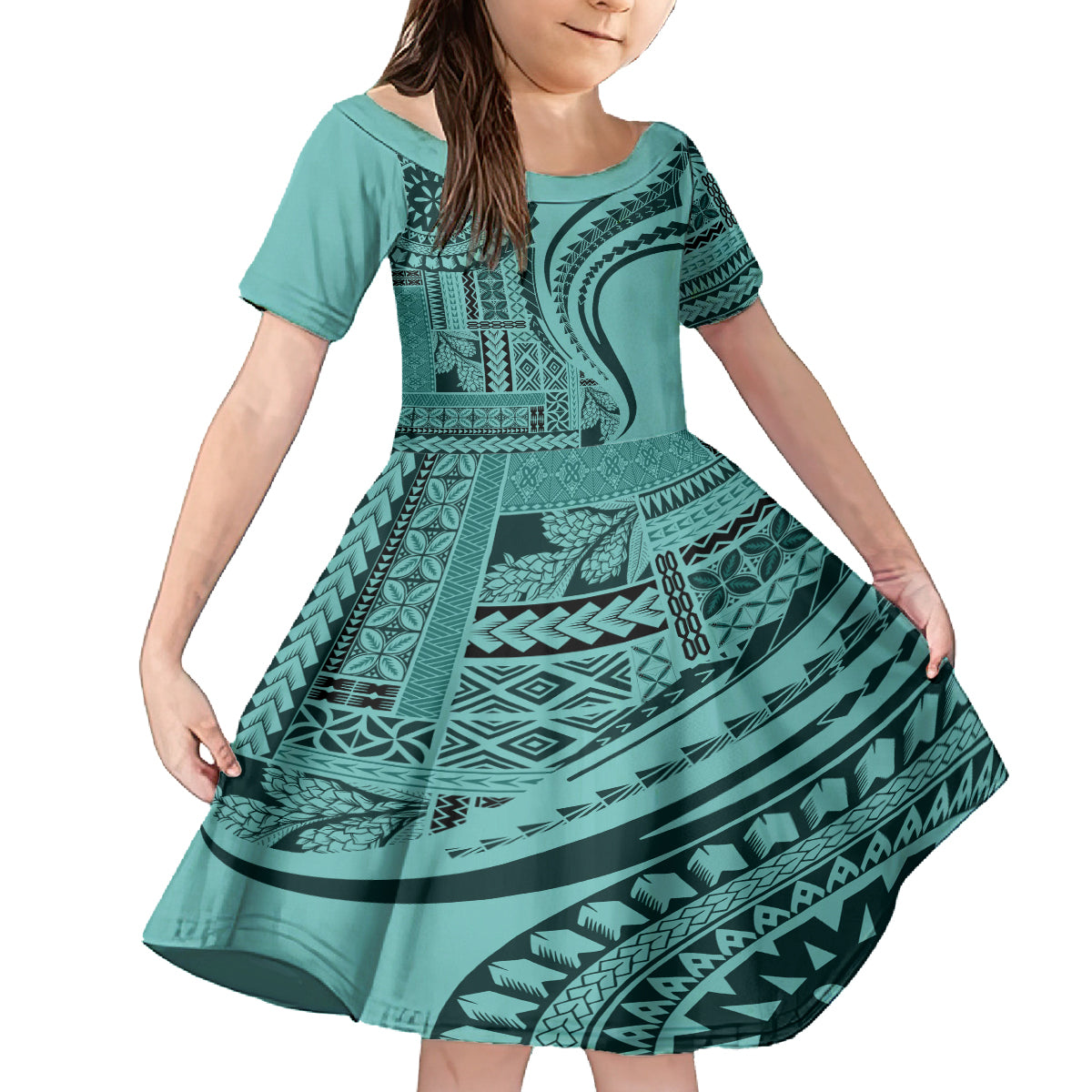 Samoa Siapo Arty Family Matching Summer Maxi Dress and Hawaiian Shirt Turquoise Style LT9 Daughter's Dress Turquoise - Polynesian Pride