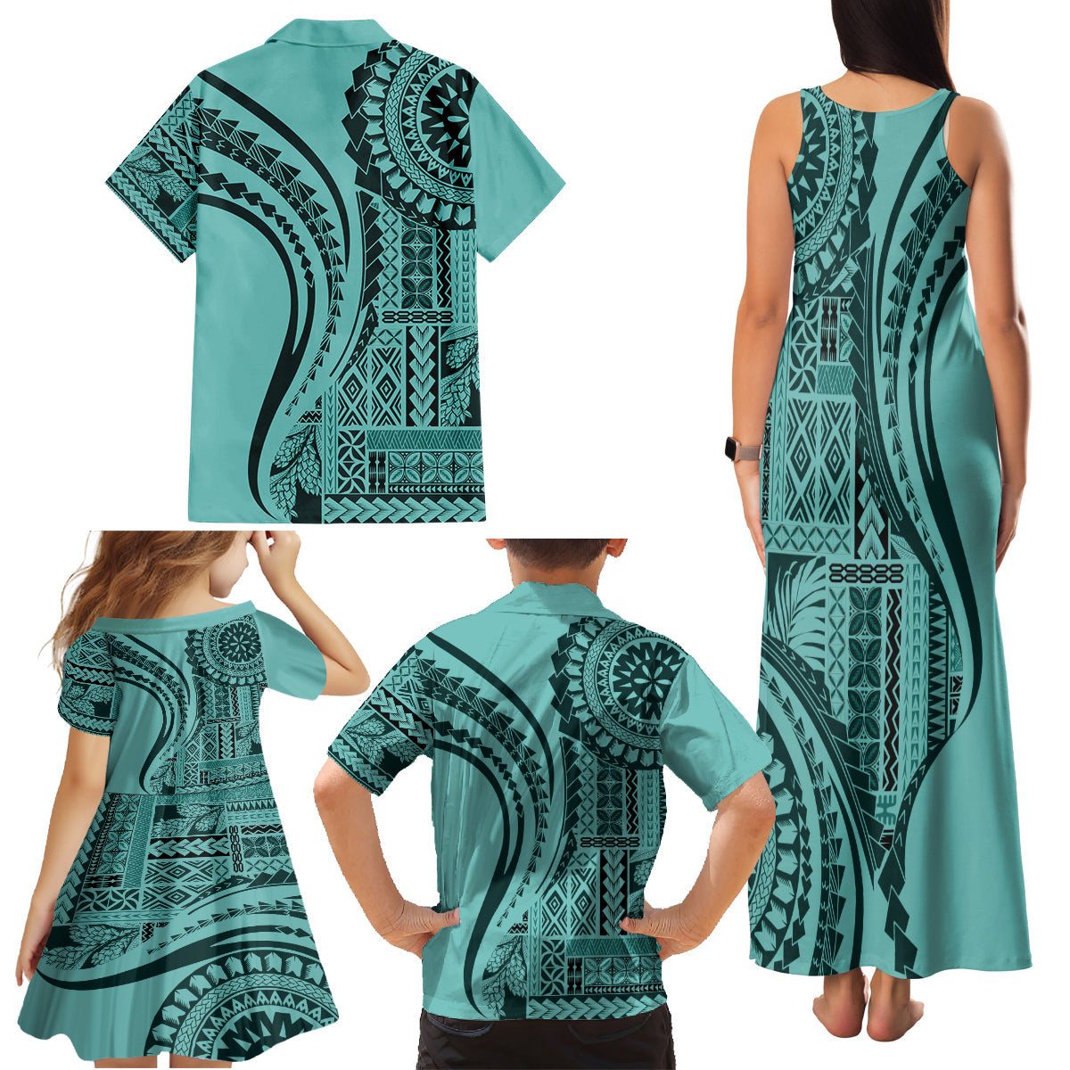 Samoa Siapo Arty Family Matching Tank Maxi Dress and Hawaiian Shirt Turquoise Style LT9 - Polynesian Pride
