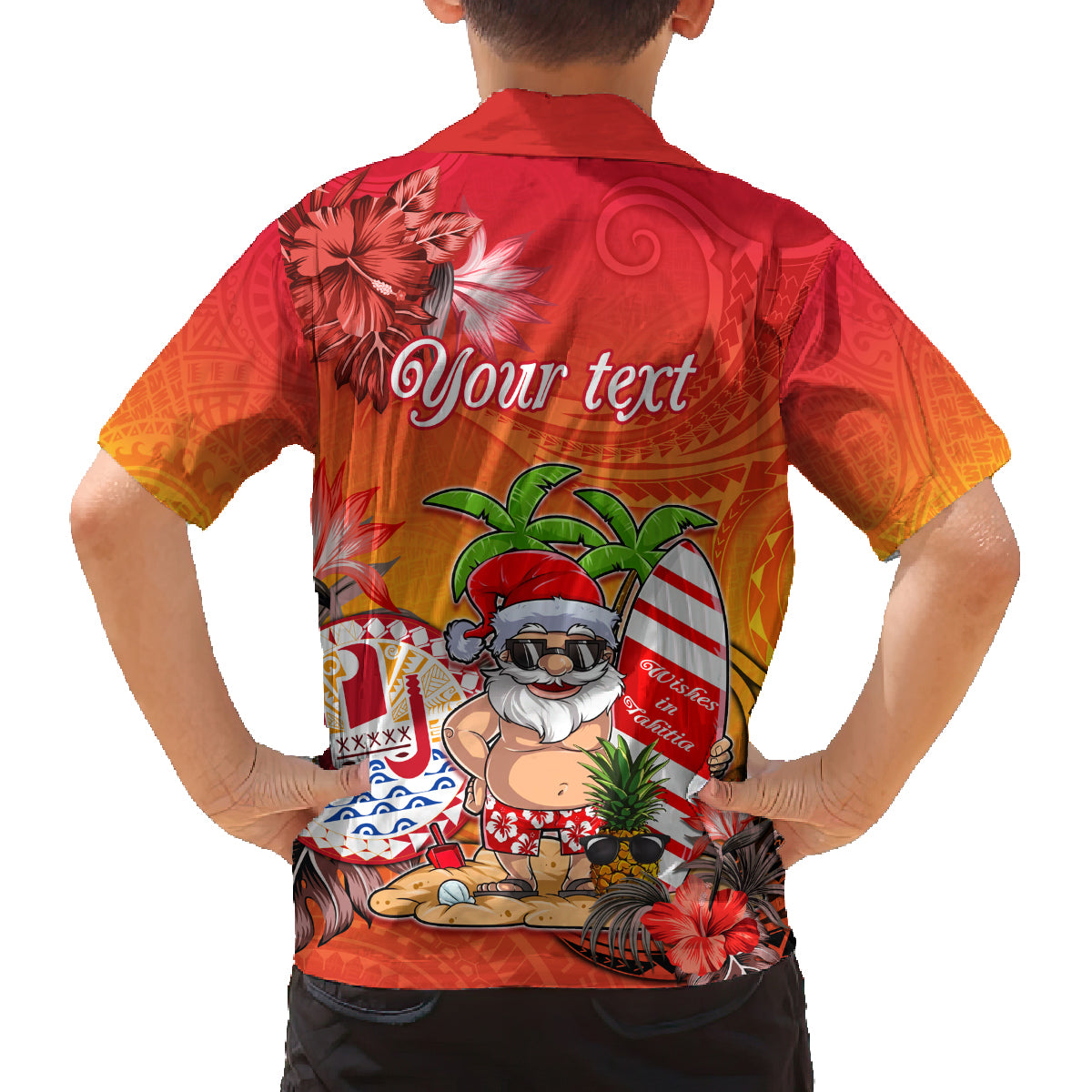 Personalised Wishes in Tahitian Christmas Family Matching Off Shoulder Long Sleeve Dress and Hawaiian Shirt French Polynesia Santa Beach LT9 - Polynesian Pride