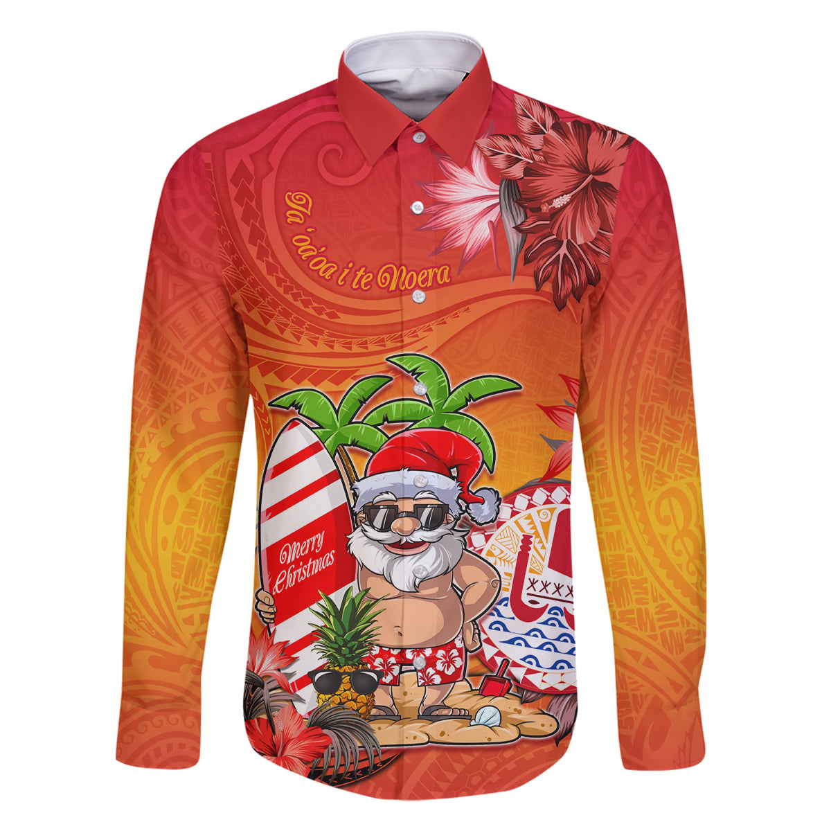 Personalised Wishes in Tahitian Christmas Family Matching Tank Maxi Dress and Hawaiian Shirt French Polynesia Santa Beach LT9 Dad's Shirt - Long Sleeve Red - Polynesian Pride