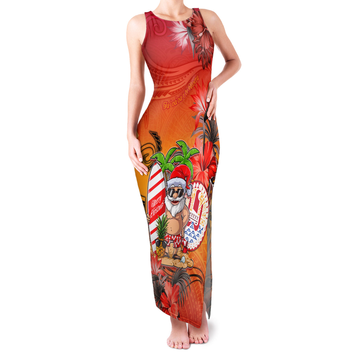 Personalised Wishes in Tahitian Christmas Family Matching Tank Maxi Dress and Hawaiian Shirt French Polynesia Santa Beach LT9 Mom's Dress Red - Polynesian Pride