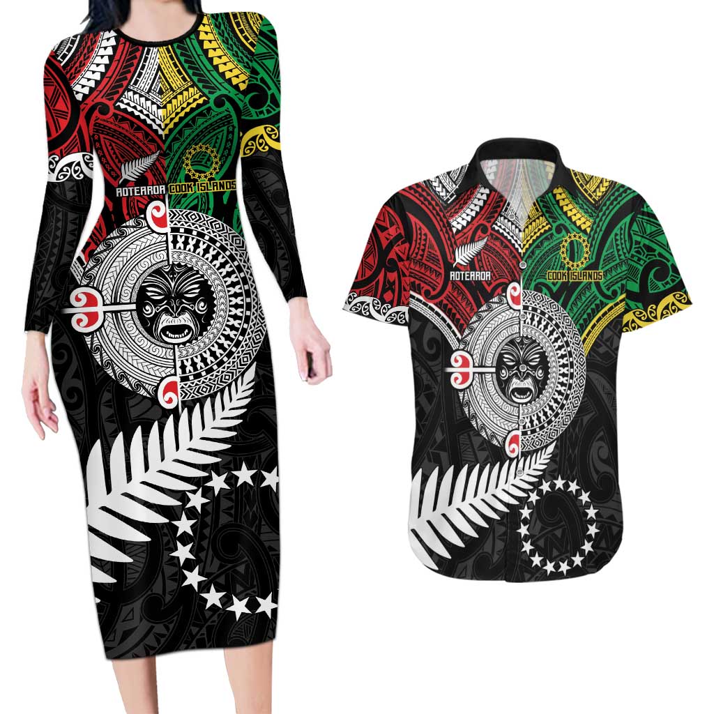 Aotearoa and Cook Islands Mo Te Tiriti Couples Matching Long Sleeve Bodycon Dress and Hawaiian Shirt New Zealand Honour The Treaty Ake!Ake!Ake!