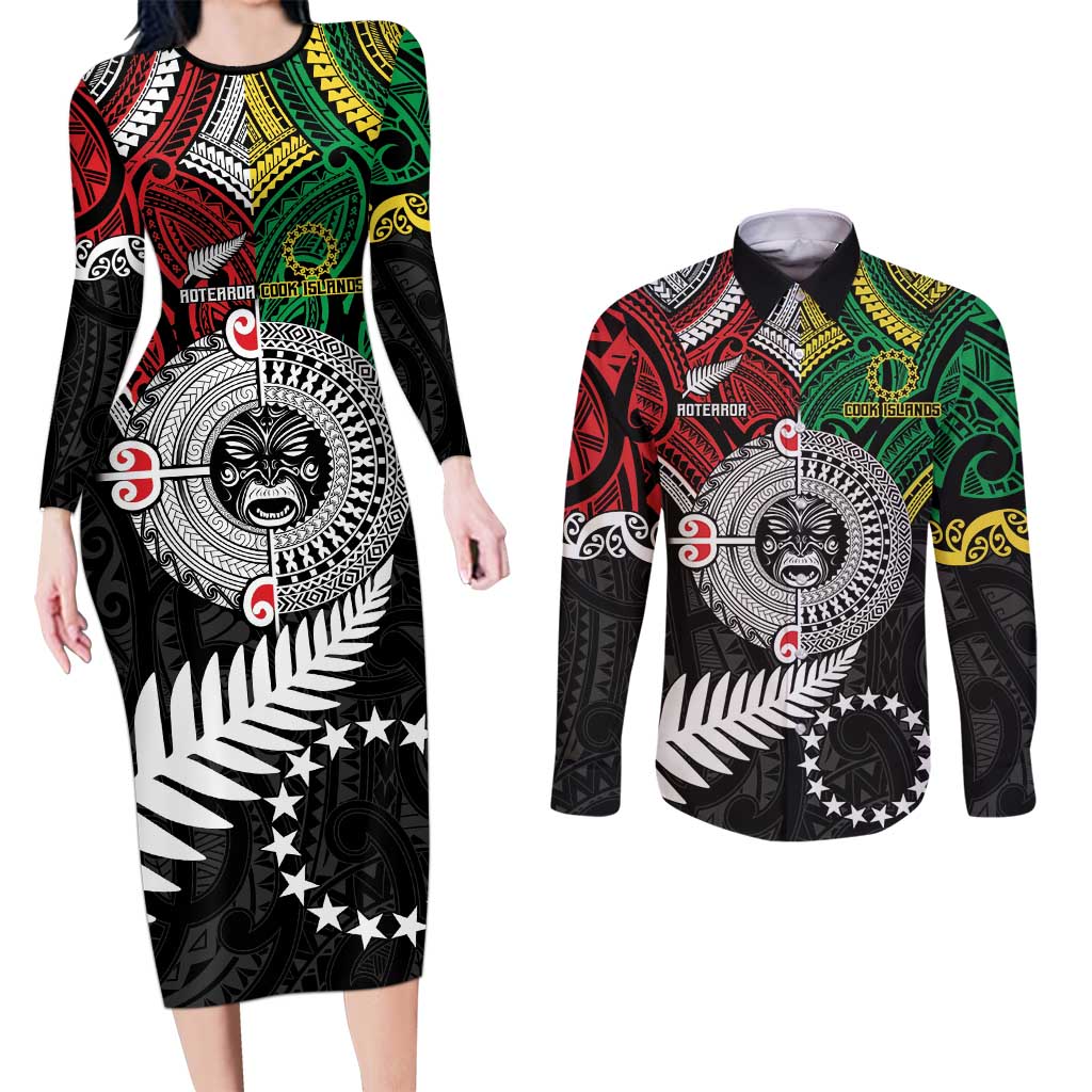 Aotearoa and Cook Islands Mo Te Tiriti Couples Matching Long Sleeve Bodycon Dress and Long Sleeve Button Shirt New Zealand Honour The Treaty Ake!Ake!Ake! LT9 Green - Polynesian Pride