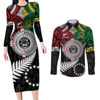 Aotearoa and Cook Islands Mo Te Tiriti Couples Matching Long Sleeve Bodycon Dress and Long Sleeve Button Shirt New Zealand Honour The Treaty Ake!Ake!Ake! LT9 Green - Polynesian Pride