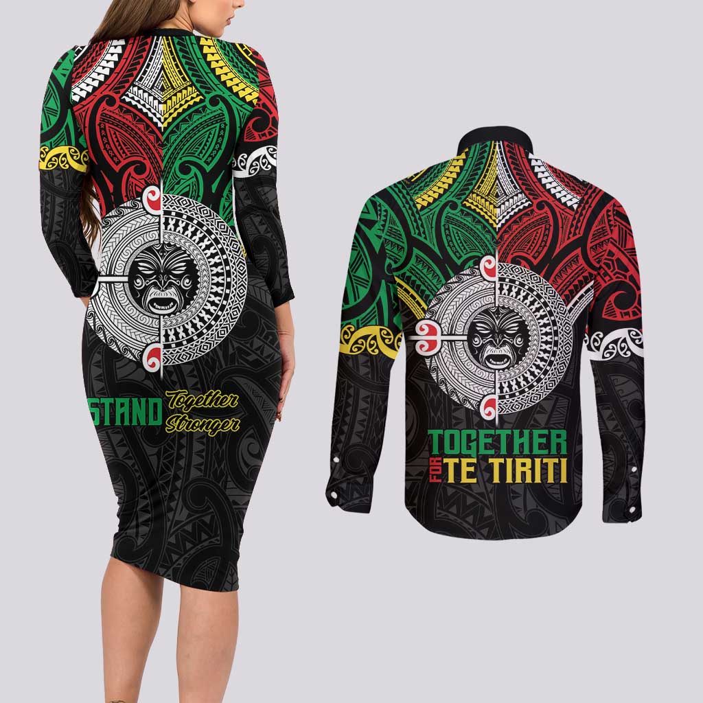 Aotearoa and Cook Islands Mo Te Tiriti Couples Matching Long Sleeve Bodycon Dress and Long Sleeve Button Shirt New Zealand Honour The Treaty Ake!Ake!Ake! LT9 - Polynesian Pride