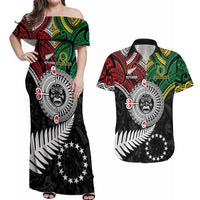 Aotearoa and Cook Islands Mo Te Tiriti Couples Matching Off Shoulder Maxi Dress and Hawaiian Shirt New Zealand Honour The Treaty Ake!Ake!Ake! LT9 Green - Polynesian Pride