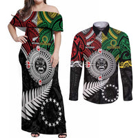 Aotearoa and Cook Islands Mo Te Tiriti Couples Matching Off Shoulder Maxi Dress and Long Sleeve Button Shirt New Zealand Honour The Treaty Ake!Ake!Ake! LT9 Green - Polynesian Pride