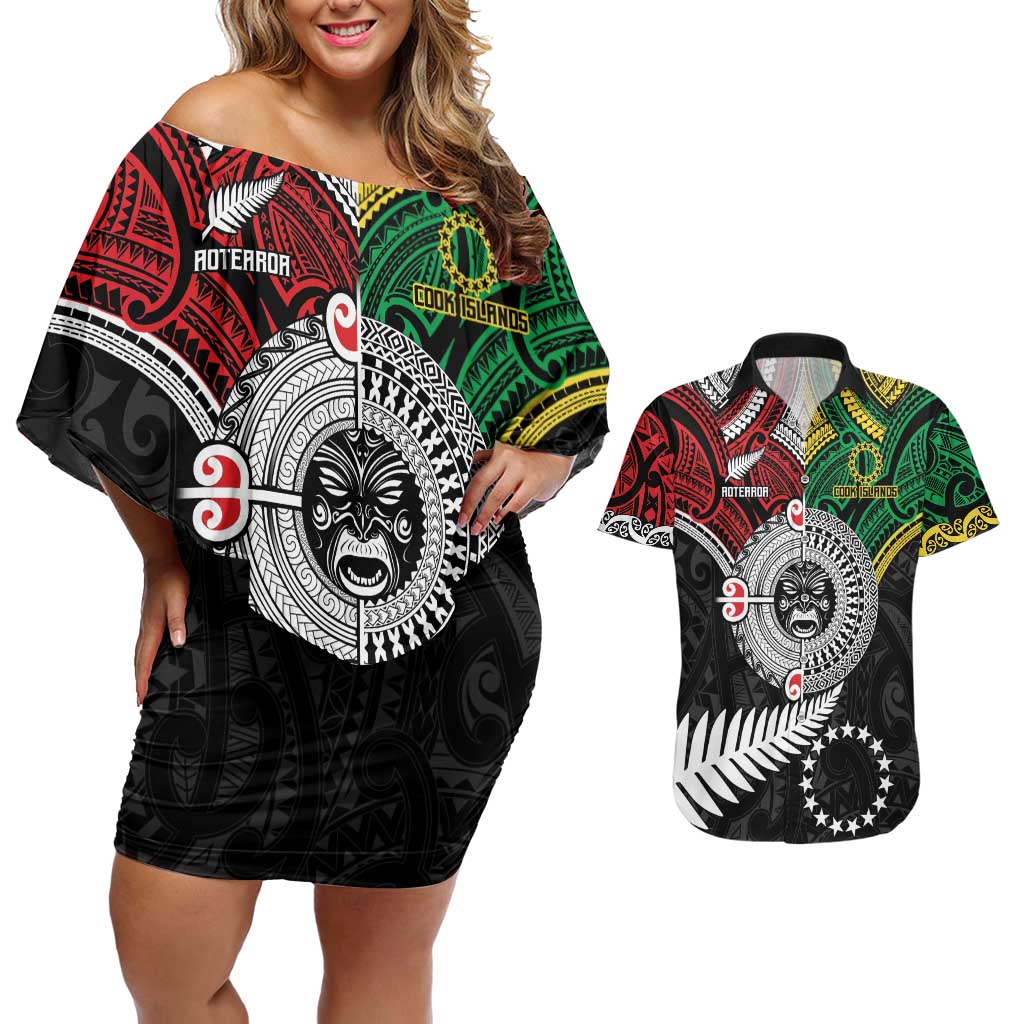 Aotearoa and Cook Islands Mo Te Tiriti Couples Matching Off Shoulder Short Dress and Hawaiian Shirt New Zealand Honour The Treaty Ake!Ake!Ake! LT9 Green - Polynesian Pride