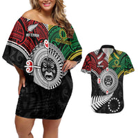 Aotearoa and Cook Islands Mo Te Tiriti Couples Matching Off Shoulder Short Dress and Hawaiian Shirt New Zealand Honour The Treaty Ake!Ake!Ake! LT9 Green - Polynesian Pride