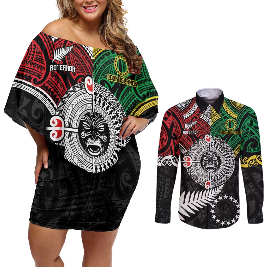 Aotearoa and Cook Islands Mo Te Tiriti Couples Matching Off Shoulder Short Dress and Long Sleeve Button Shirt New Zealand Honour The Treaty Ake!Ake!Ake! LT9 Green - Polynesian Pride