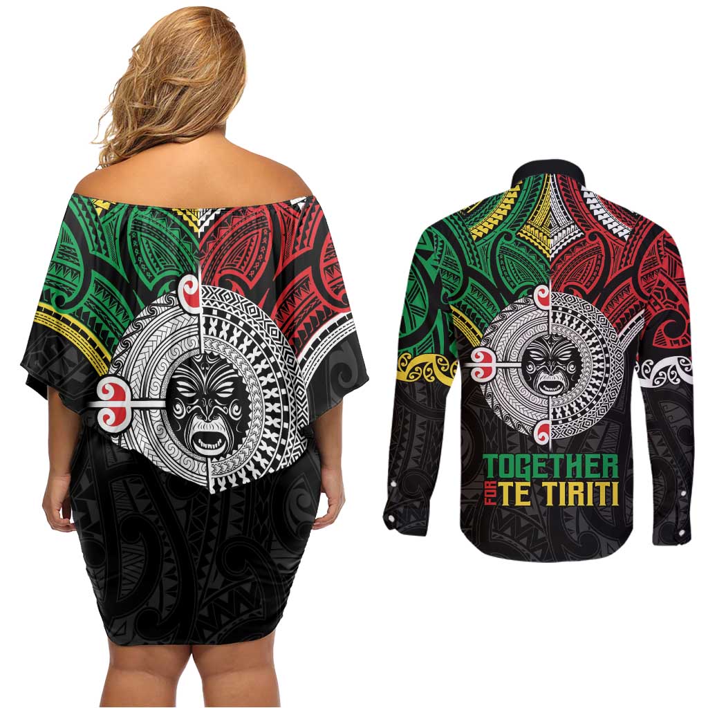 Aotearoa and Cook Islands Mo Te Tiriti Couples Matching Off Shoulder Short Dress and Long Sleeve Button Shirt New Zealand Honour The Treaty Ake!Ake!Ake! LT9 - Polynesian Pride