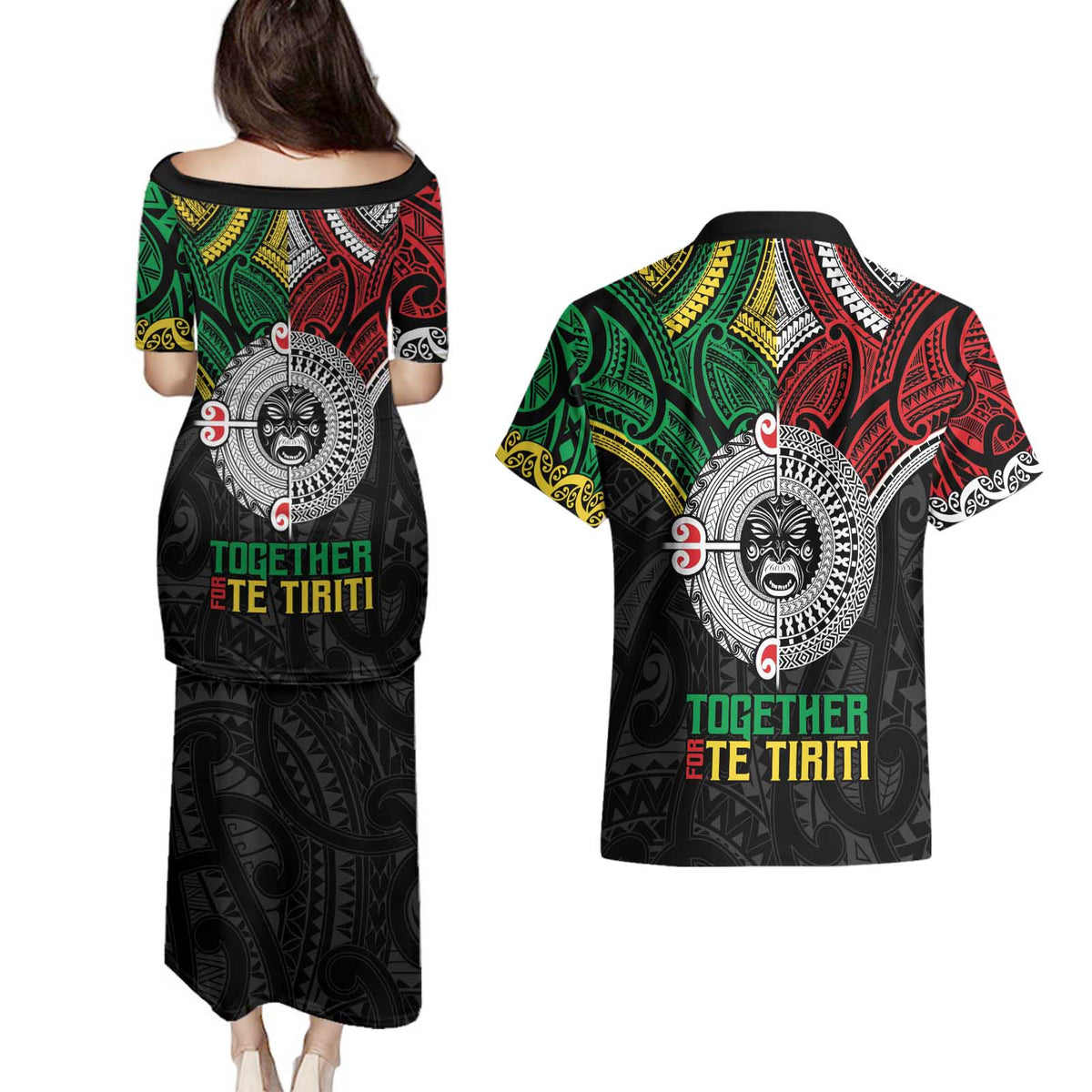 Aotearoa and Cook Islands Mo Te Tiriti Couples Matching Puletasi and Hawaiian Shirt New Zealand Honour The Treaty Ake!Ake!Ake! LT9 - Polynesian Pride