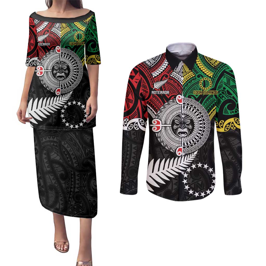 Aotearoa and Cook Islands Mo Te Tiriti Couples Matching Puletasi and Long Sleeve Button Shirt New Zealand Honour The Treaty Ake!Ake!Ake! LT9 Green - Polynesian Pride