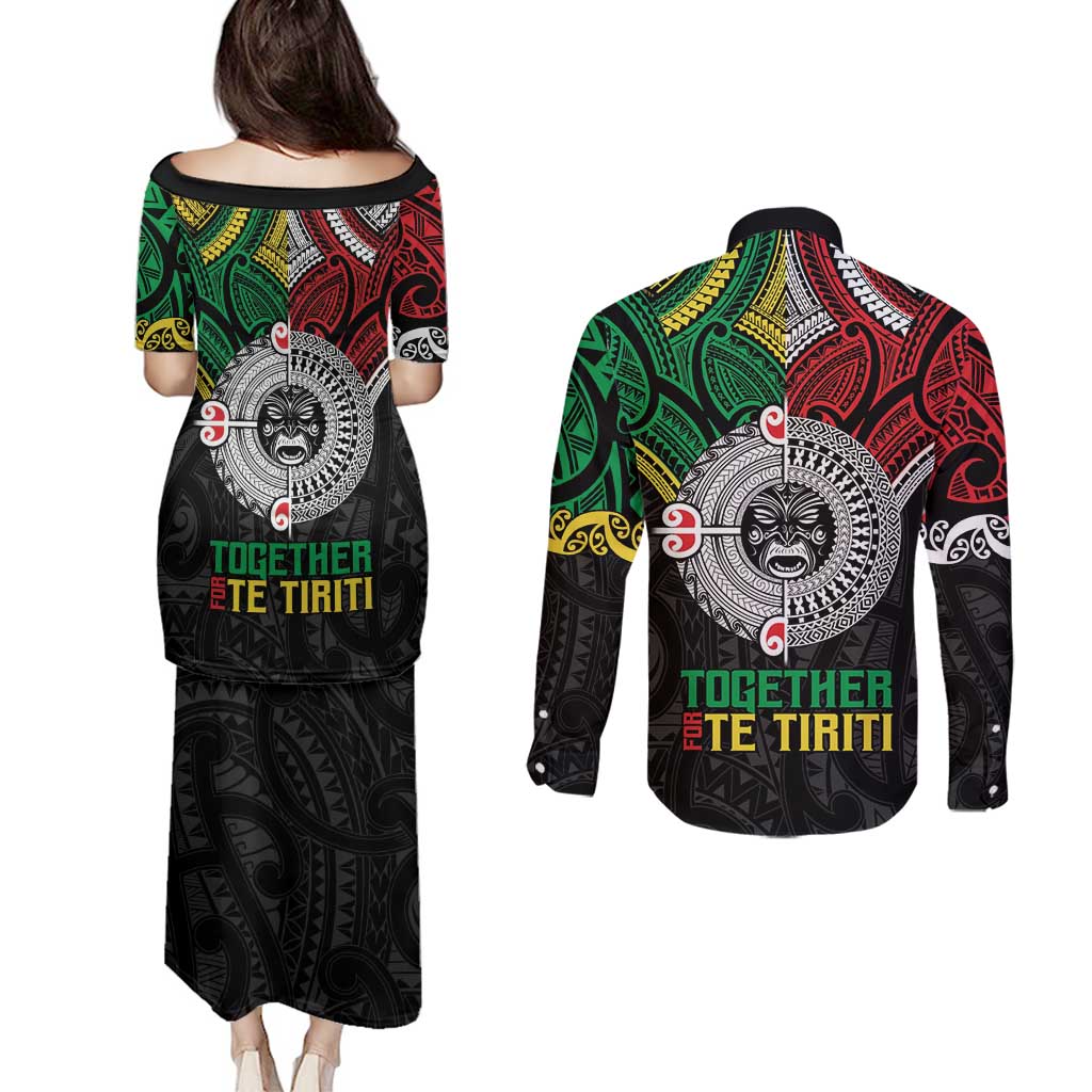 Aotearoa and Cook Islands Mo Te Tiriti Couples Matching Puletasi and Long Sleeve Button Shirt New Zealand Honour The Treaty Ake!Ake!Ake! LT9 - Polynesian Pride