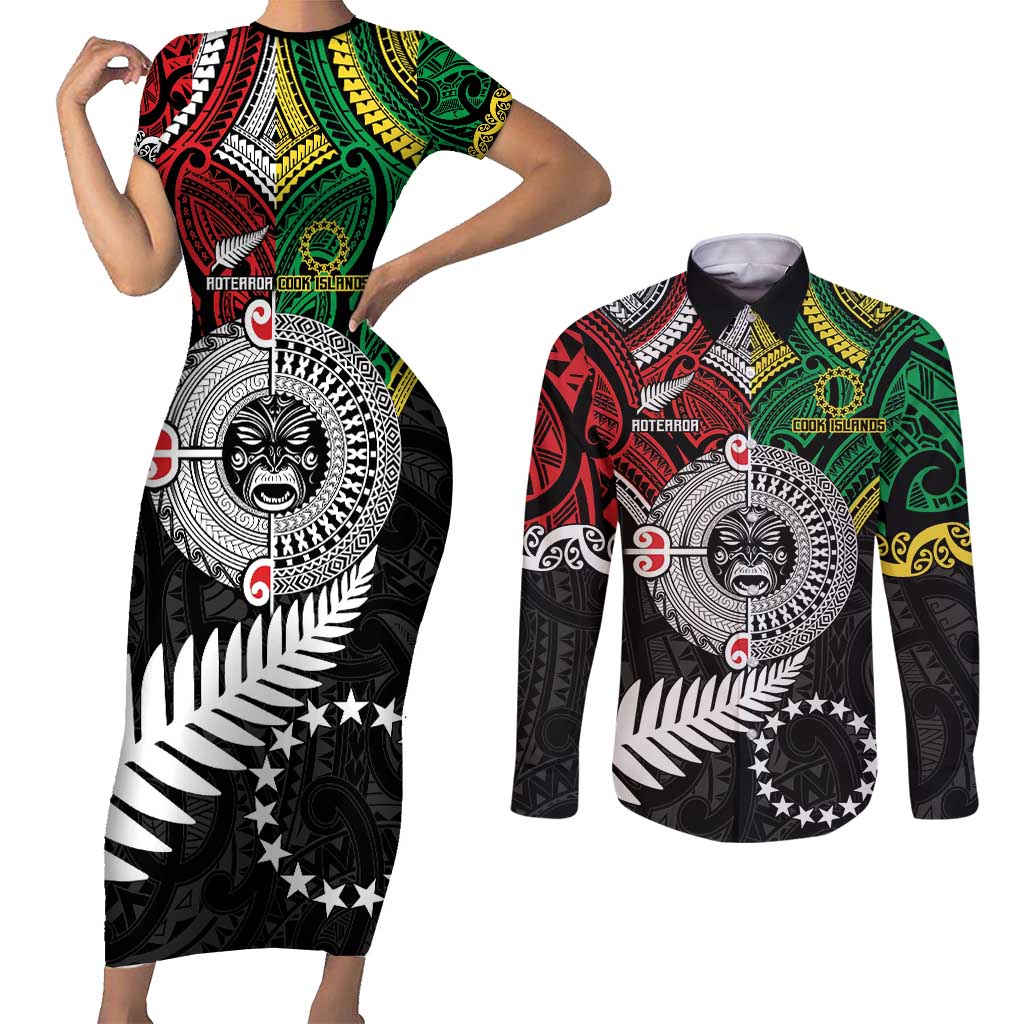 Aotearoa and Cook Islands Mo Te Tiriti Couples Matching Short Sleeve Bodycon Dress and Long Sleeve Button Shirt New Zealand Honour The Treaty Ake!Ake!Ake!