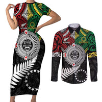 Aotearoa and Cook Islands Mo Te Tiriti Couples Matching Short Sleeve Bodycon Dress and Long Sleeve Button Shirt New Zealand Honour The Treaty Ake!Ake!Ake! LT9 Green - Polynesian Pride