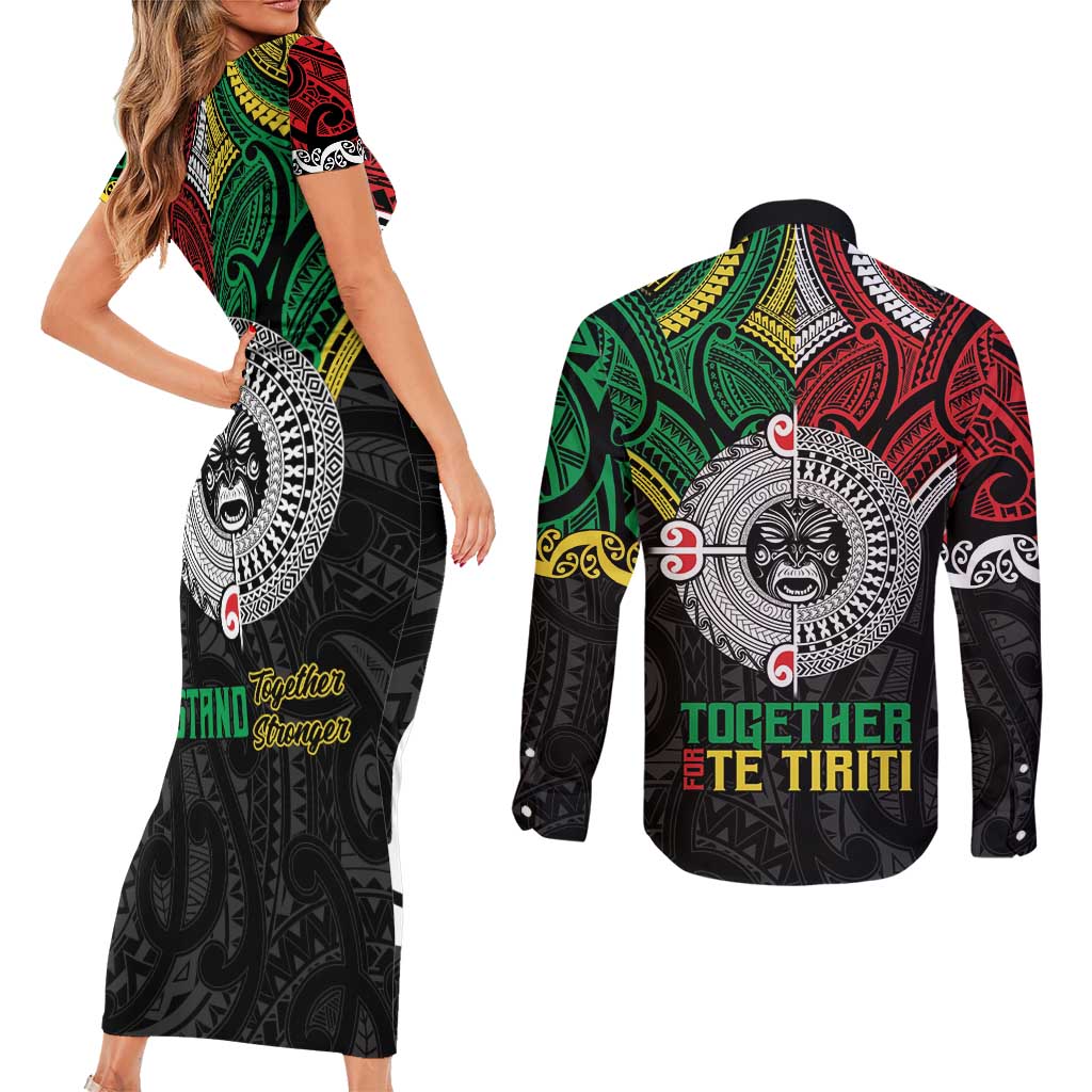 Aotearoa and Cook Islands Mo Te Tiriti Couples Matching Short Sleeve Bodycon Dress and Long Sleeve Button Shirt New Zealand Honour The Treaty Ake!Ake!Ake! LT9 - Polynesian Pride