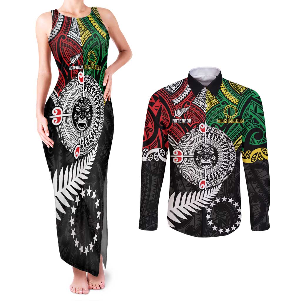 Aotearoa and Cook Islands Mo Te Tiriti Couples Matching Tank Maxi Dress and Long Sleeve Button Shirt New Zealand Honour The Treaty Ake!Ake!Ake!
